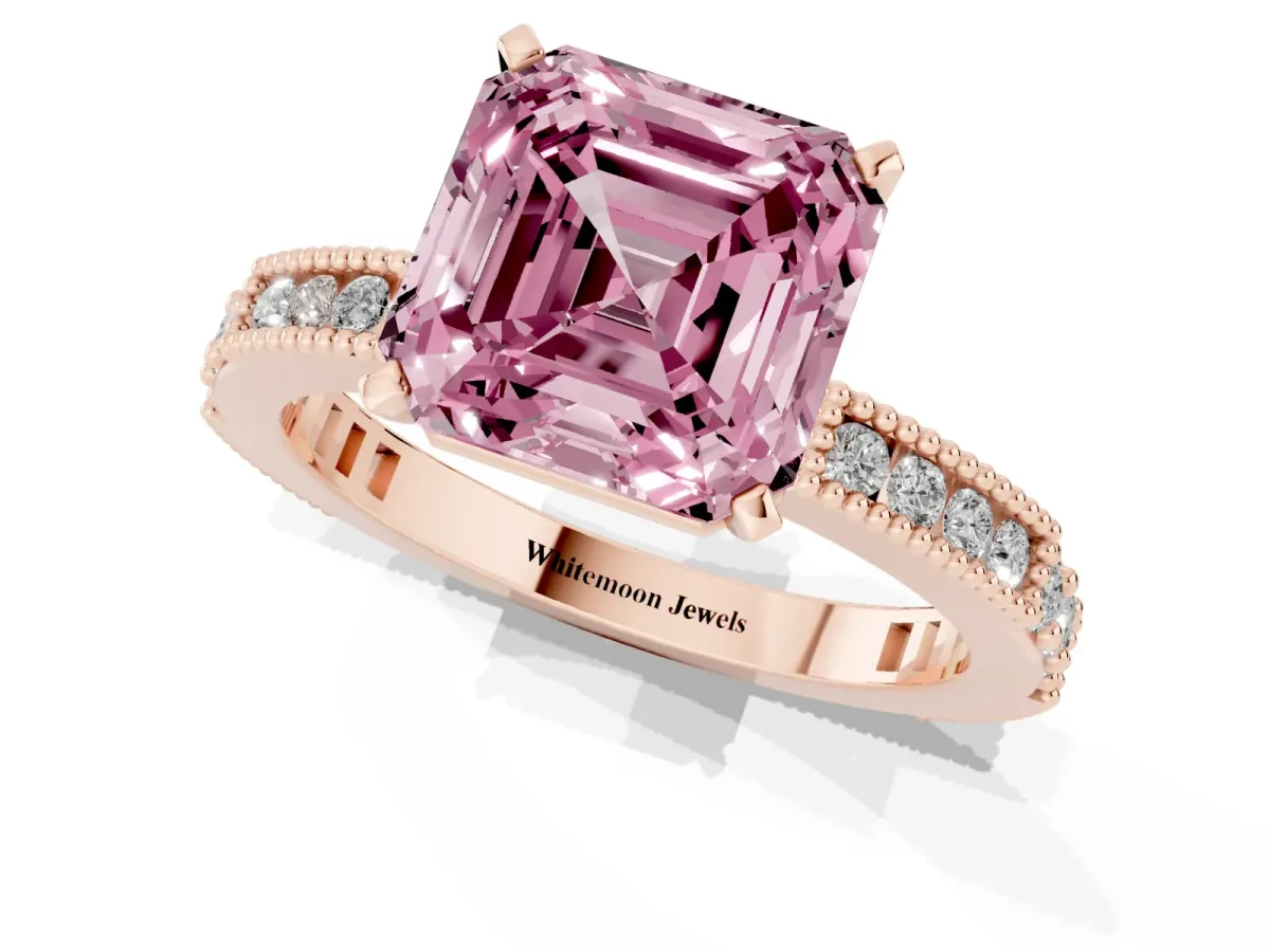 Fancy Pink Asscher Cut Solitaire with Pavé Band and Four-Prong Setting Rose gold