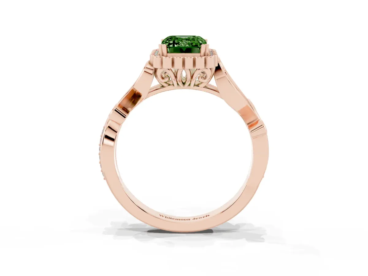 Fancy Green Emerald Cut Diamond Halo Ring with Vintage Split Shank and Four-Prong Setting Rose gold