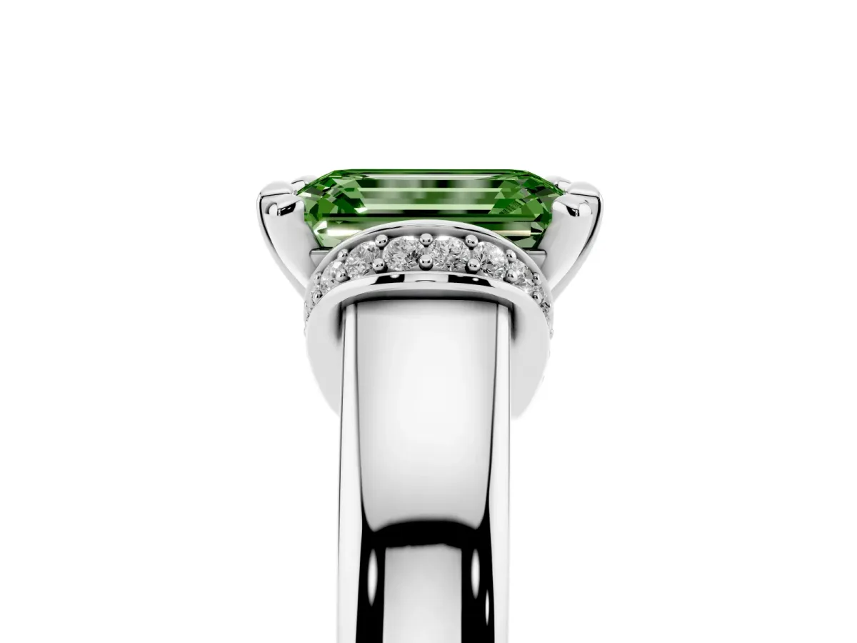Fancy Green Emerald Cut Solitaire Diamond Ring with Pave Band and Six-Prong Setting Platinum