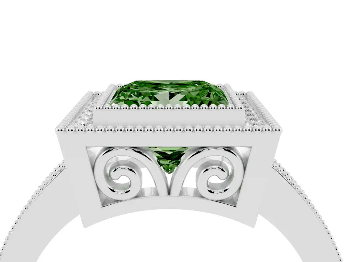 Fancy Green Princess Cut Cut Halo Diamond Ring with Pavé Band and Milgrain Prong Setting Platinum