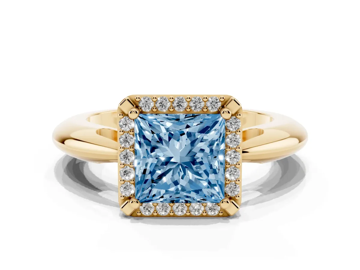Fancy Blue Princess Cut Cut Diamond Halo Engagement Ring with Split Shank and Four-Prong Setting Yellow gold