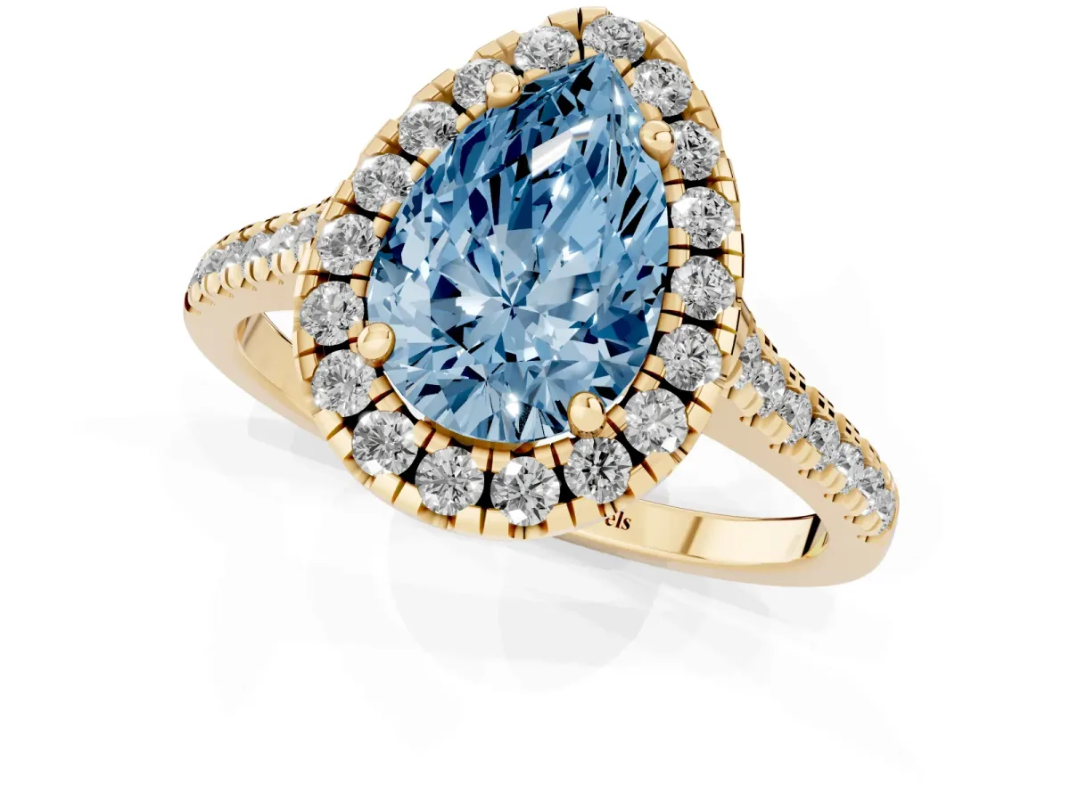 Fancy Blue Pear Cut Diamond Cushion Halo Ring with Pavé Band Yellow gold
