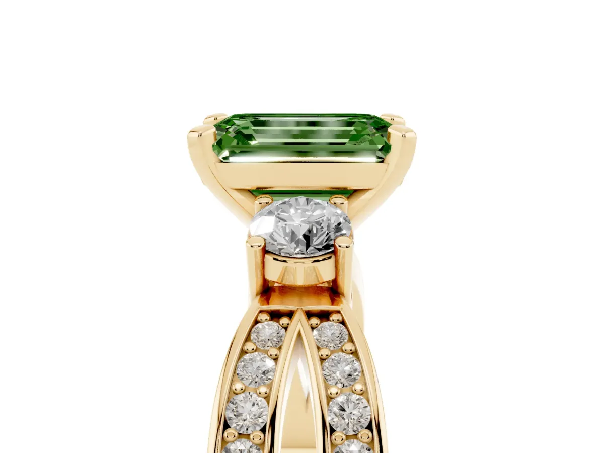 Fancy Green Three-Stone Emerald Cut Cut Diamond Twist Band with Prong Setting Yellow gold