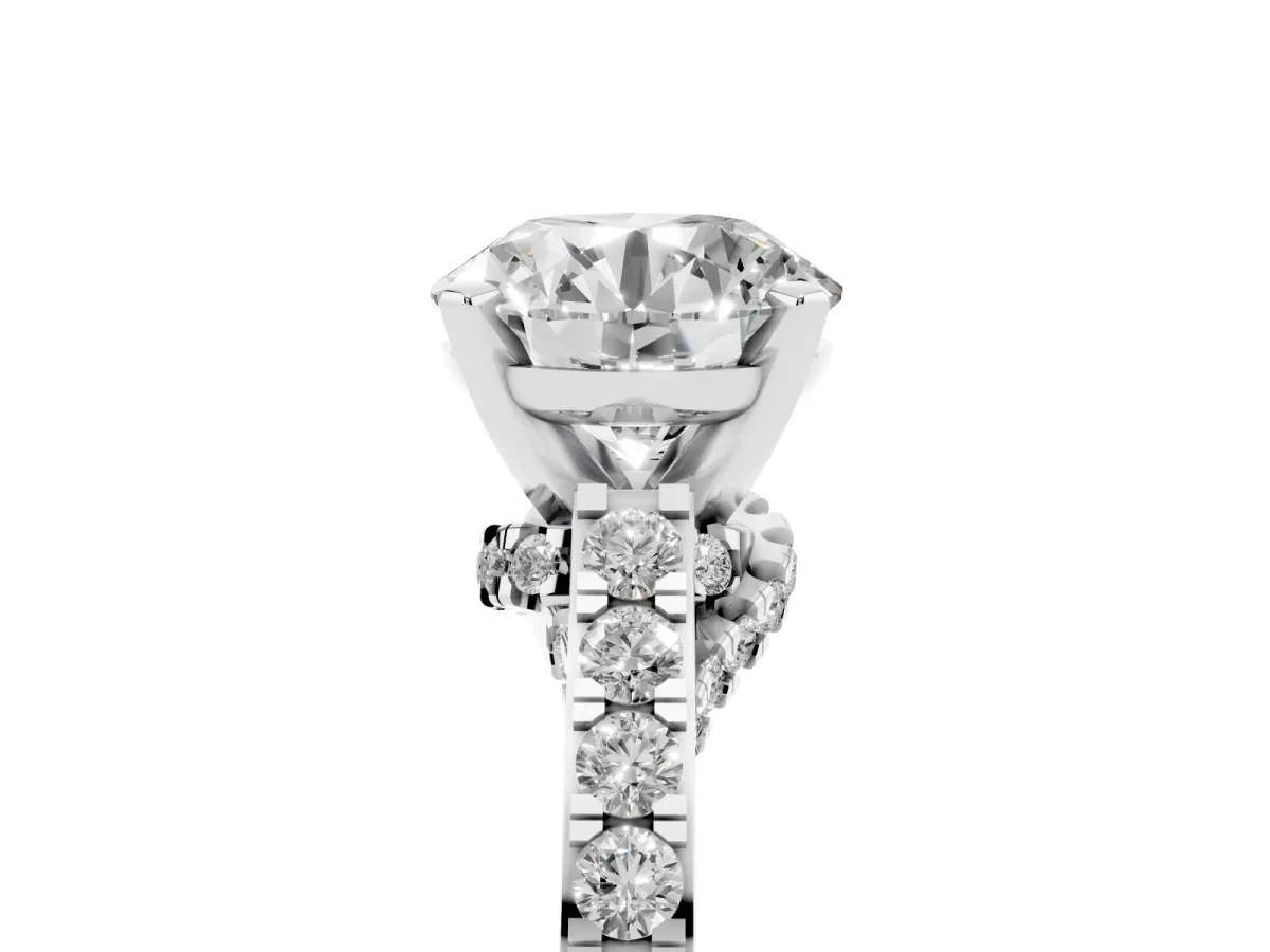Round Cut Diamond Solitaire Ring with Crossover Gallery and Round Pavé Band Platinum