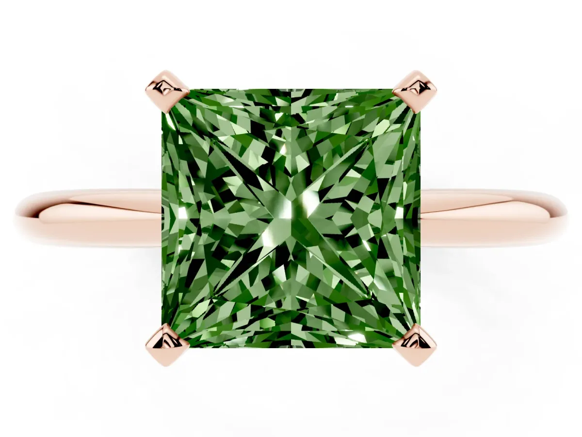 Fancy Green Princess Cut Diamond Solitaire Ring with Prong Setting and Classic Band Rose gold