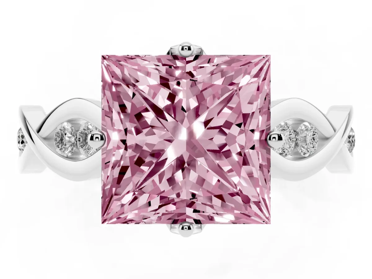 Fancy Pink Princess Cut Solitaire Twist Band with Leaf Prong Setting Silver