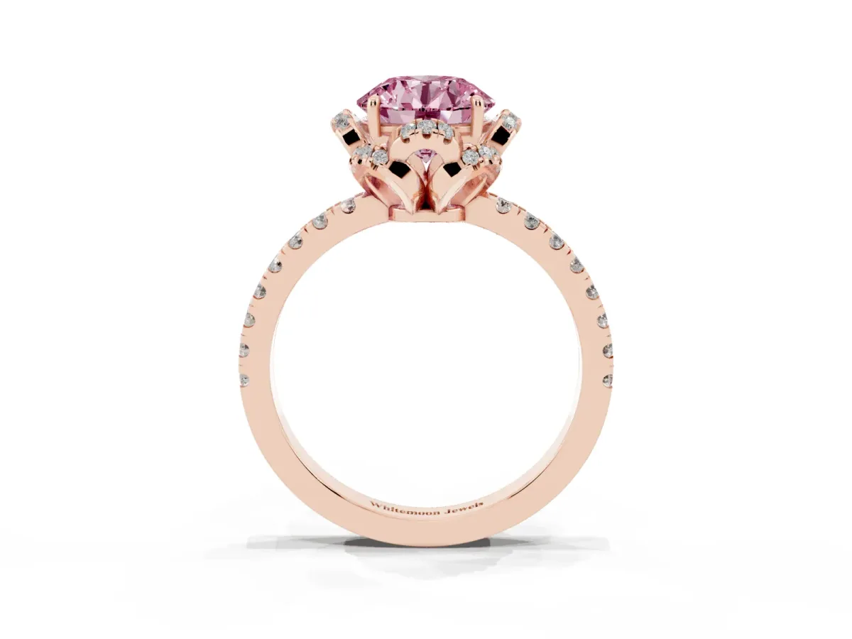 Fancy Pink Round Cut Halo Diamond Pave Band Ring with Four-Prong Setting Rose gold