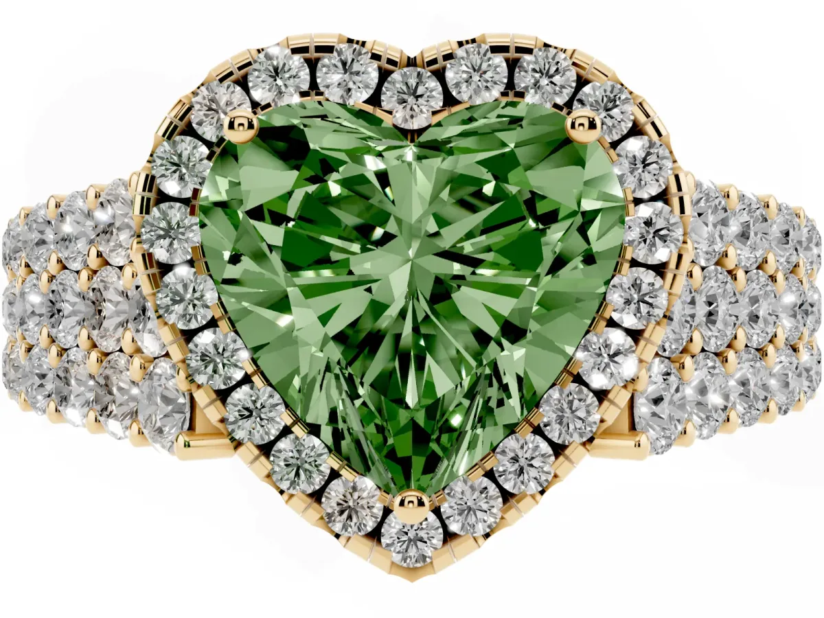Fancy Green Heart Cut Diamond Halo Engagement Ring with Triple Row Round Pavé Band and Prong Setting Yellow gold