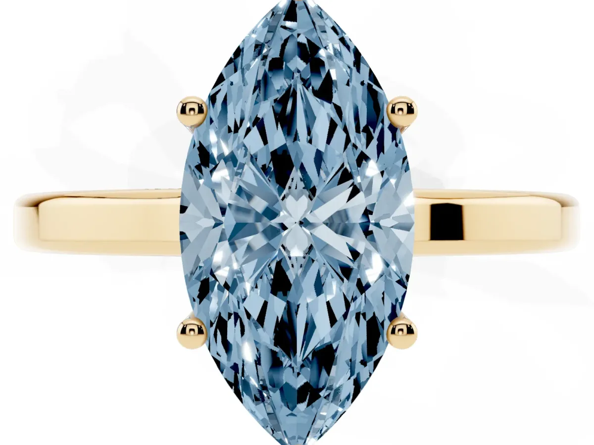 Fancy Blue Marquise Cut Cut Solitaire Engagement Ring with Four-Prong Setting on a Classic Band Yellow gold