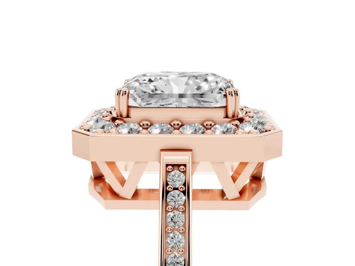 Radiant Cut Diamond Halo Ring with Split Shank and Four-Prong Setting Rose gold