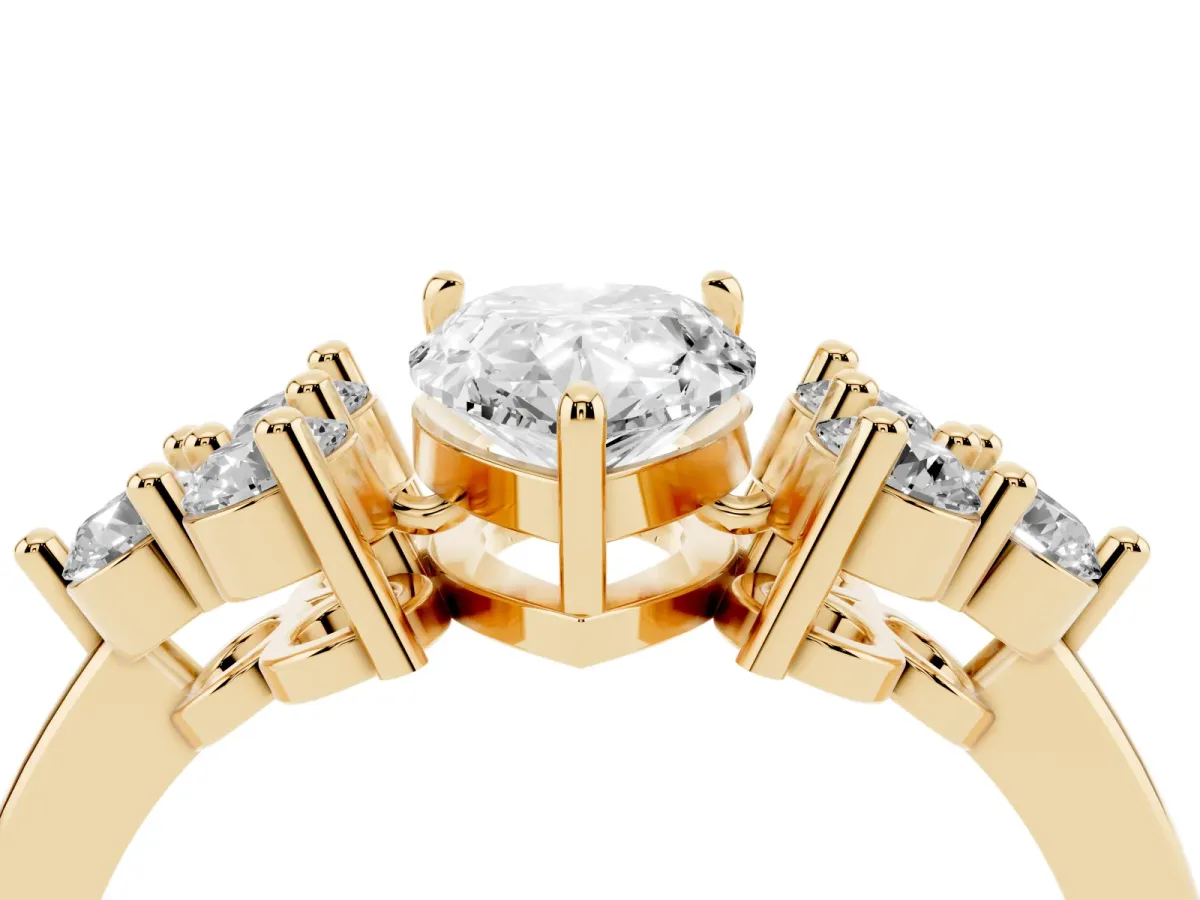Pear Cut Brilliant Diamond Cluster Accent Solitaire Ring with Prong Setting Yellow gold