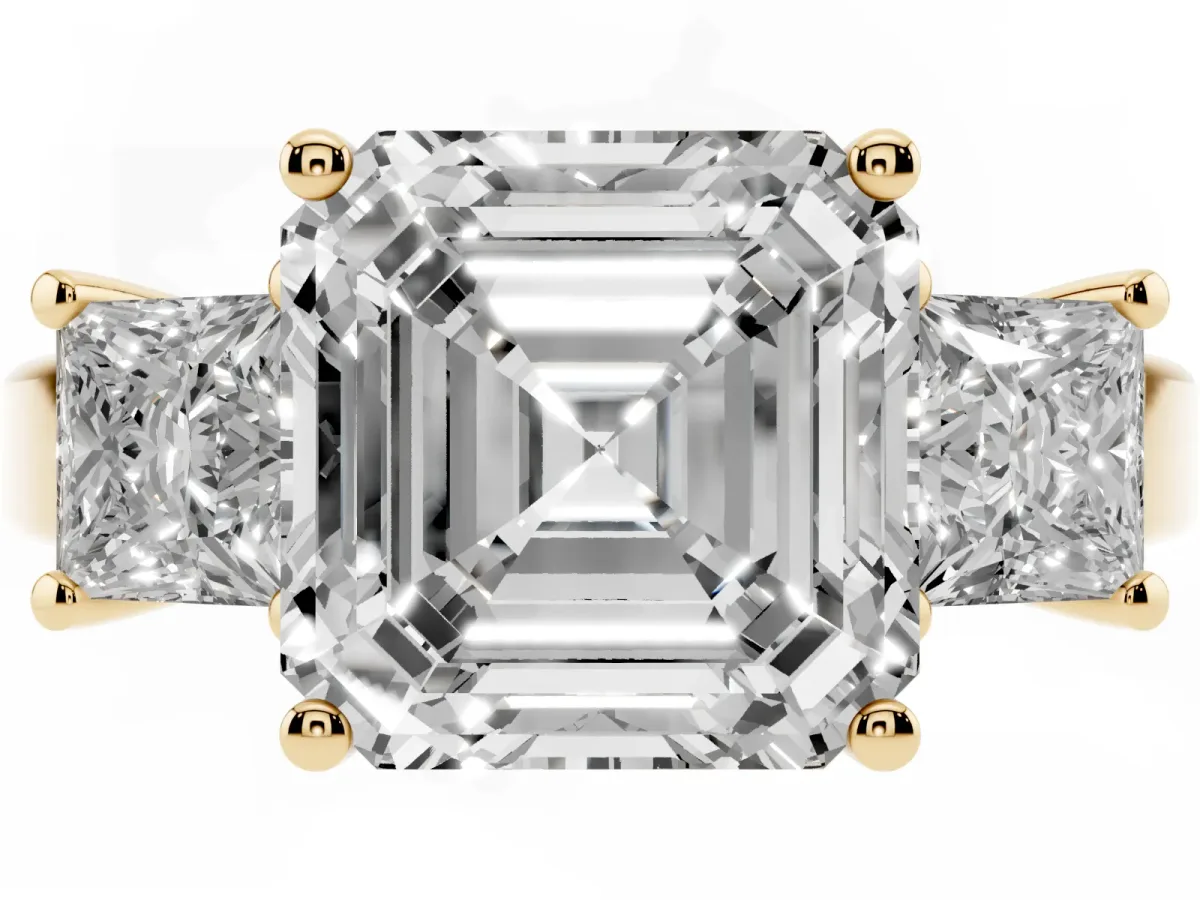 Three-Stone Asscher Cut Cut Solitaire Ring with Prong Setting Yellow gold