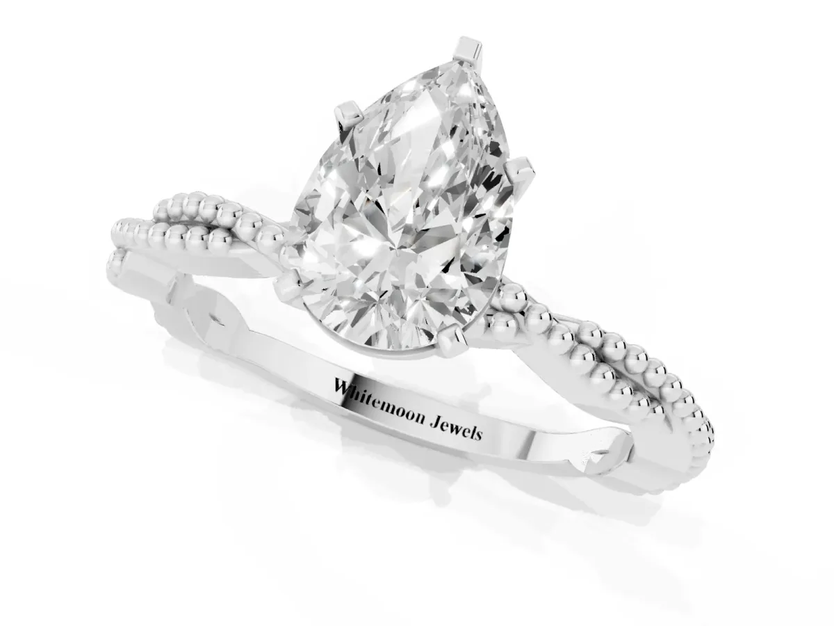 Pear Cut Solitaire Twisted Band with Bead Prong Setting Platinum