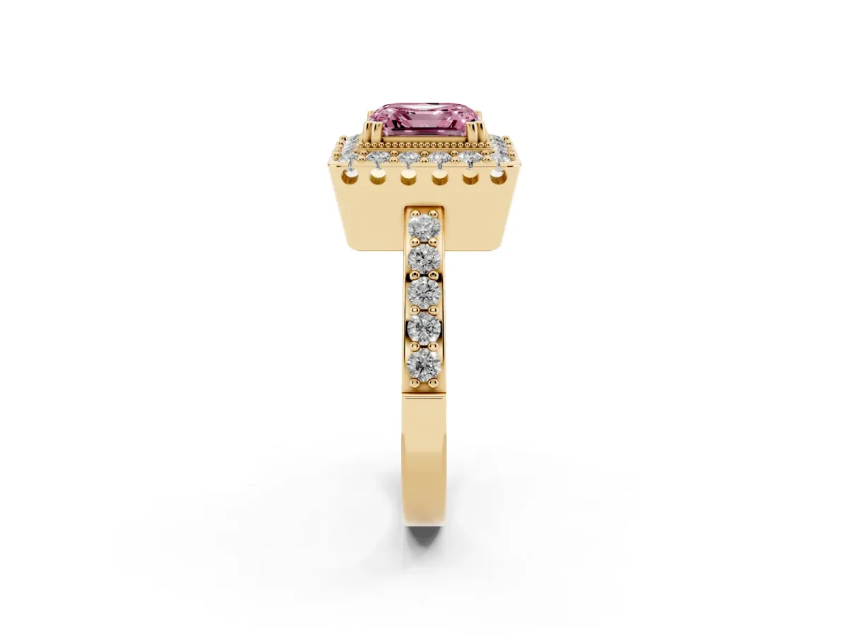 Fancy Pink Asscher Cut Diamond Halo Ring with Pavé Band and Prong Setting Yellow gold