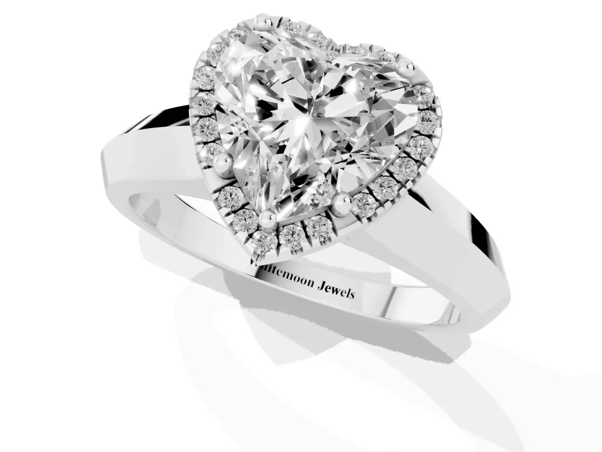Heart Cut Halo Diamond Ring with Cathedral Band and Four-Prong Setting White gold