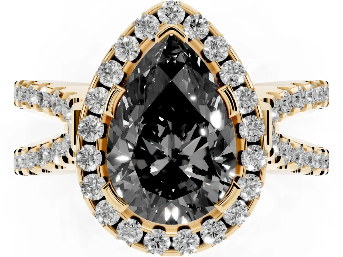 Fancy Black Pear Cut Diamond Halo Ring with Split Shank Pavé Band and Prong Setting Yellow gold