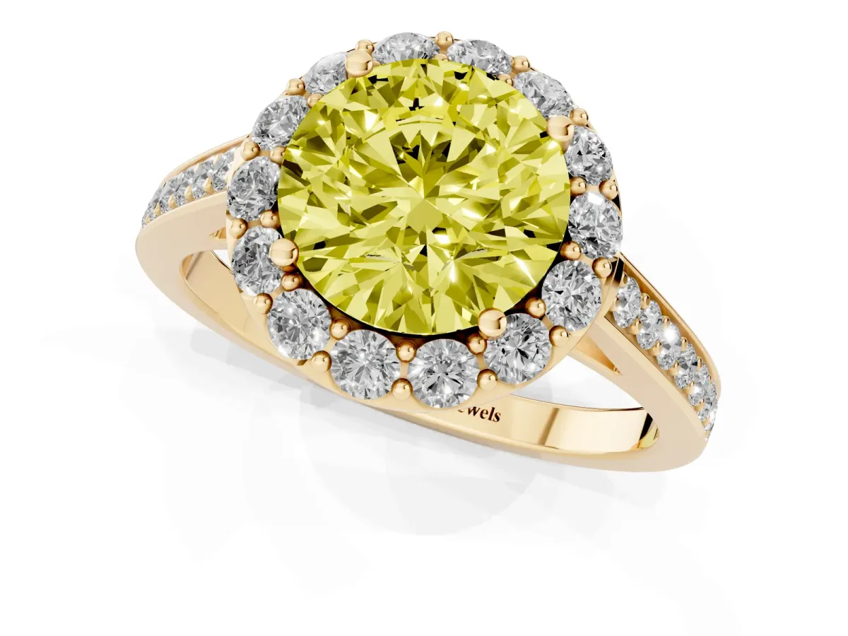Fancy Yellow Round Cut Diamond Floral Halo Ring with Pavé Band and Prong Setting Yellow gold