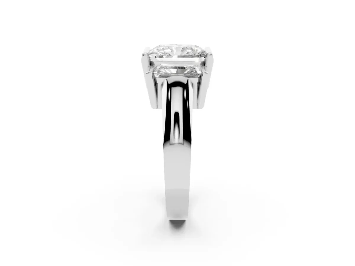 Three Stone Radiant Cut Cut Channel Set Diamond Ring Silver