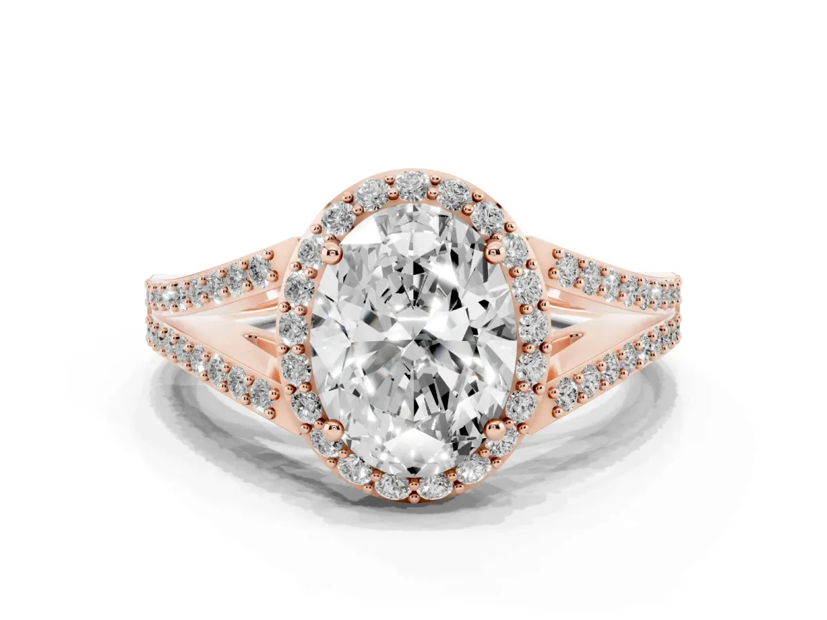 Oval Cut Halo Split Shank Pave Diamond Ring with Four-Prong Setting Rose gold