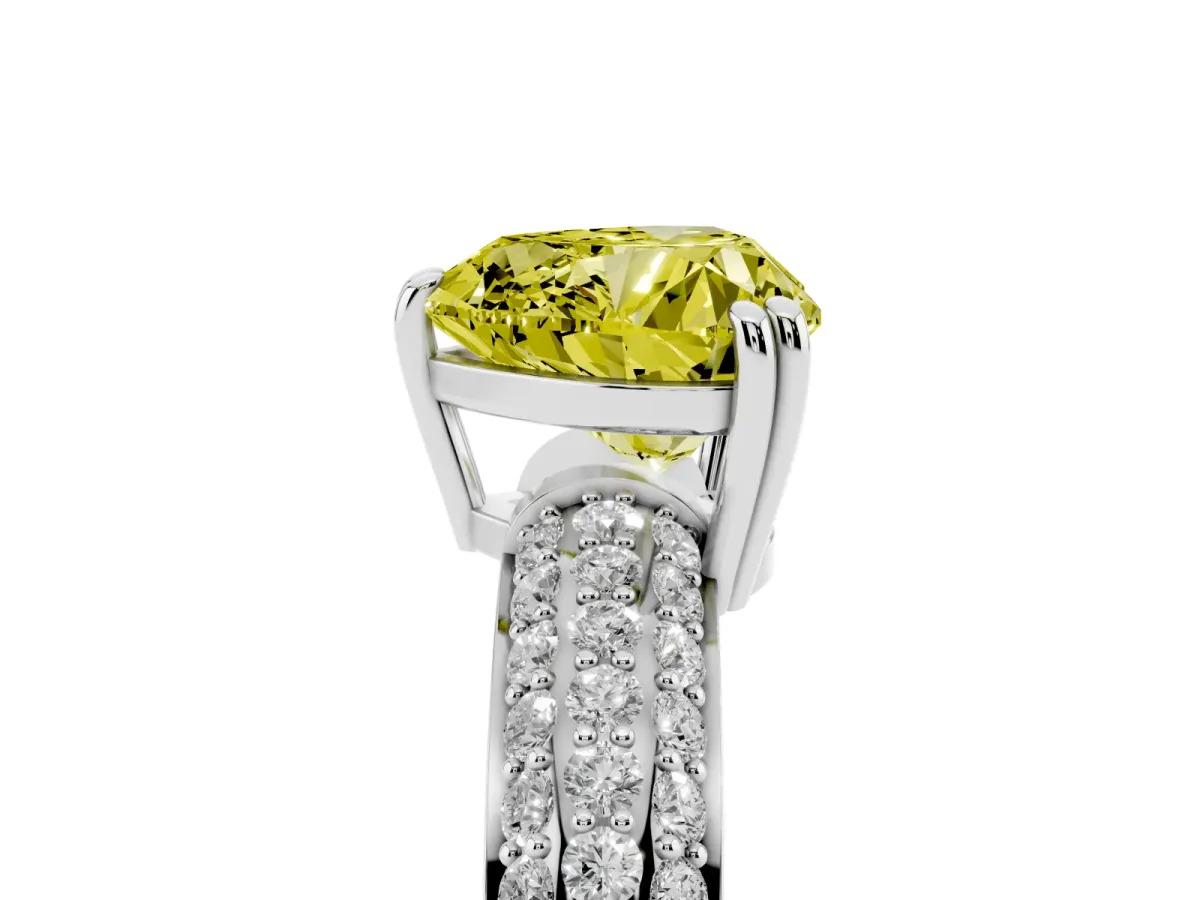 Fancy Yellow Heart Cut Diamond Solitaire Ring with Multi-Row Round Pavé Band and Prong Setting White gold