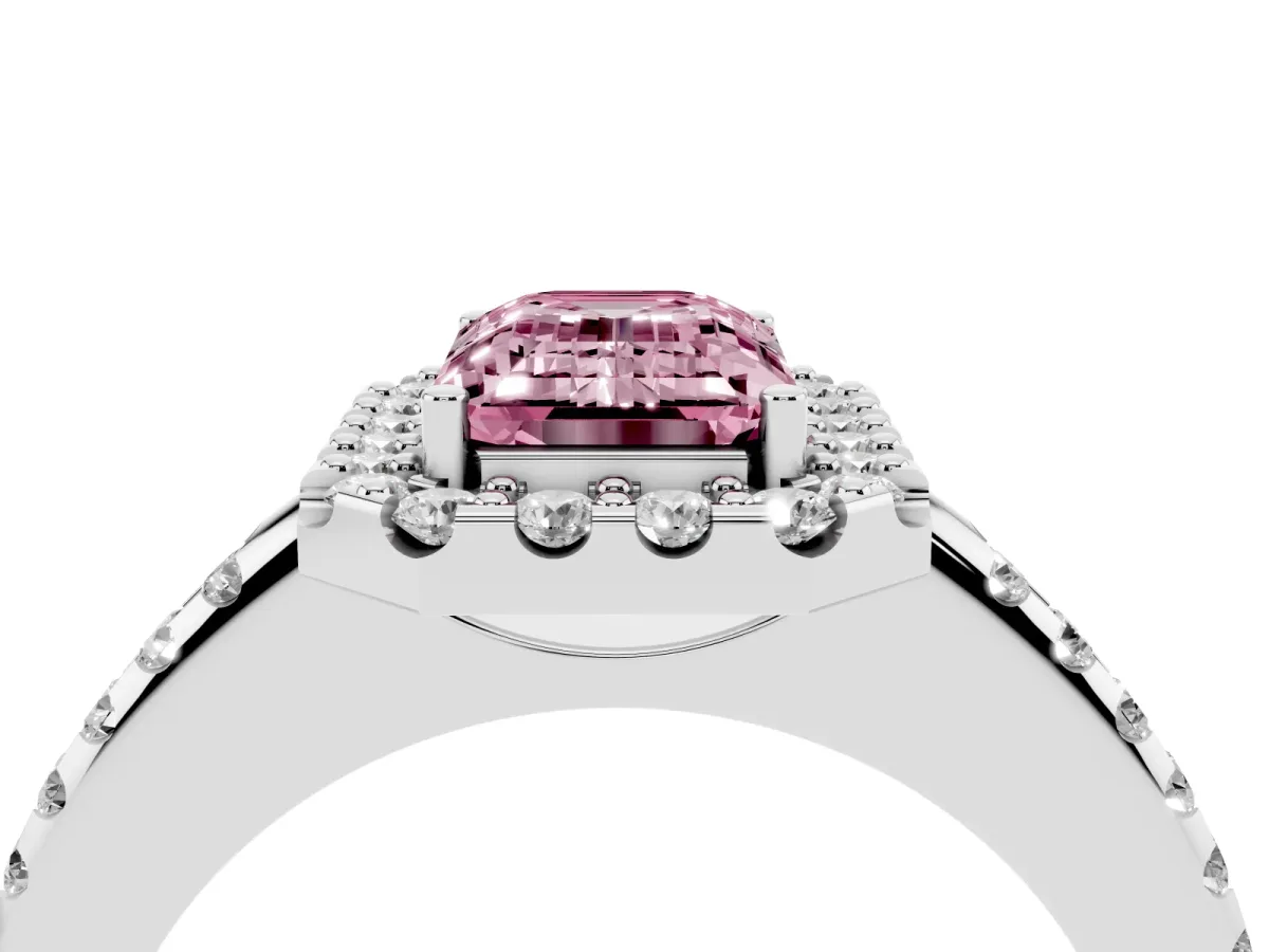 Fancy Pink Emerald Cut Diamond Pavé Halo Ring with Four-Prong Setting Silver
