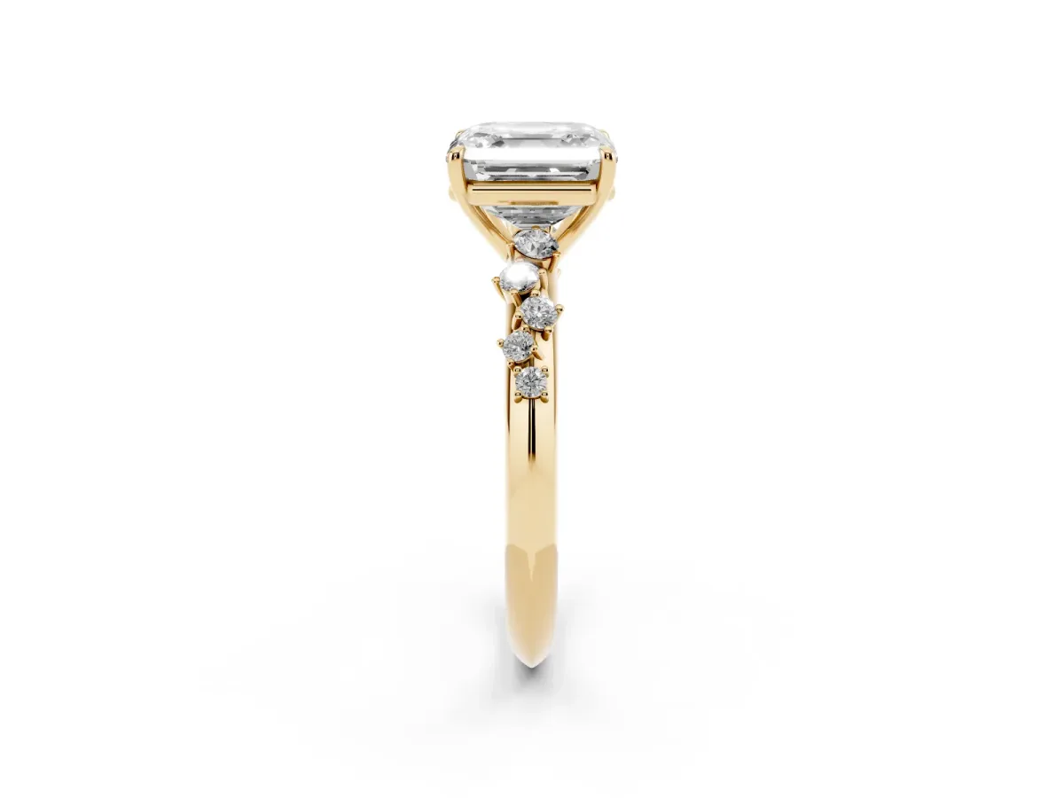 Asscher Cut Diamond Cluster Side Stone Solitaire Ring with Prong Setting Yellow gold