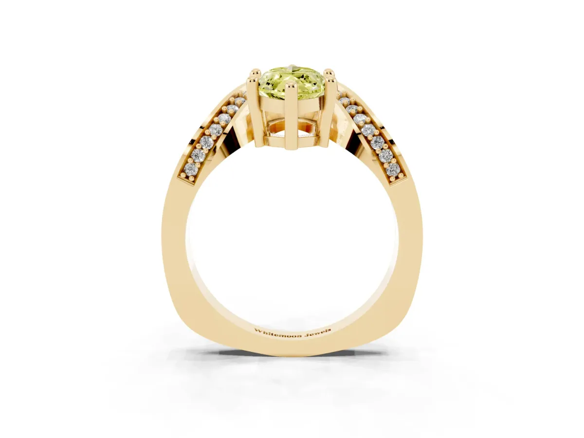 Fancy Yellow Marquise Cut Solitaire Diamond Engagement Ring with Pave Band and Four-Prong Setting Yellow gold