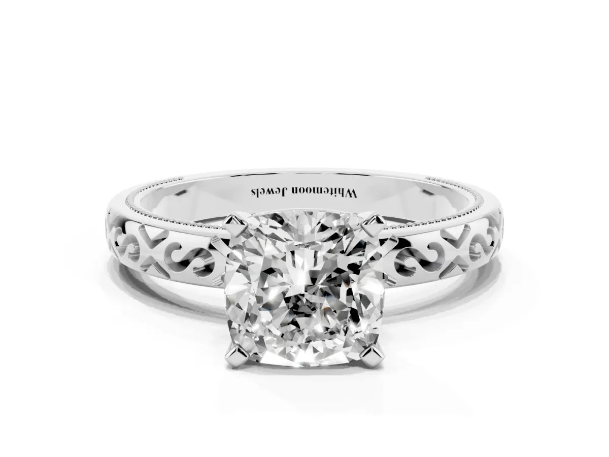Cushion Cut Solitaire Engagement Ring with Scrollwork Band and Four-Prong Setting Platinum