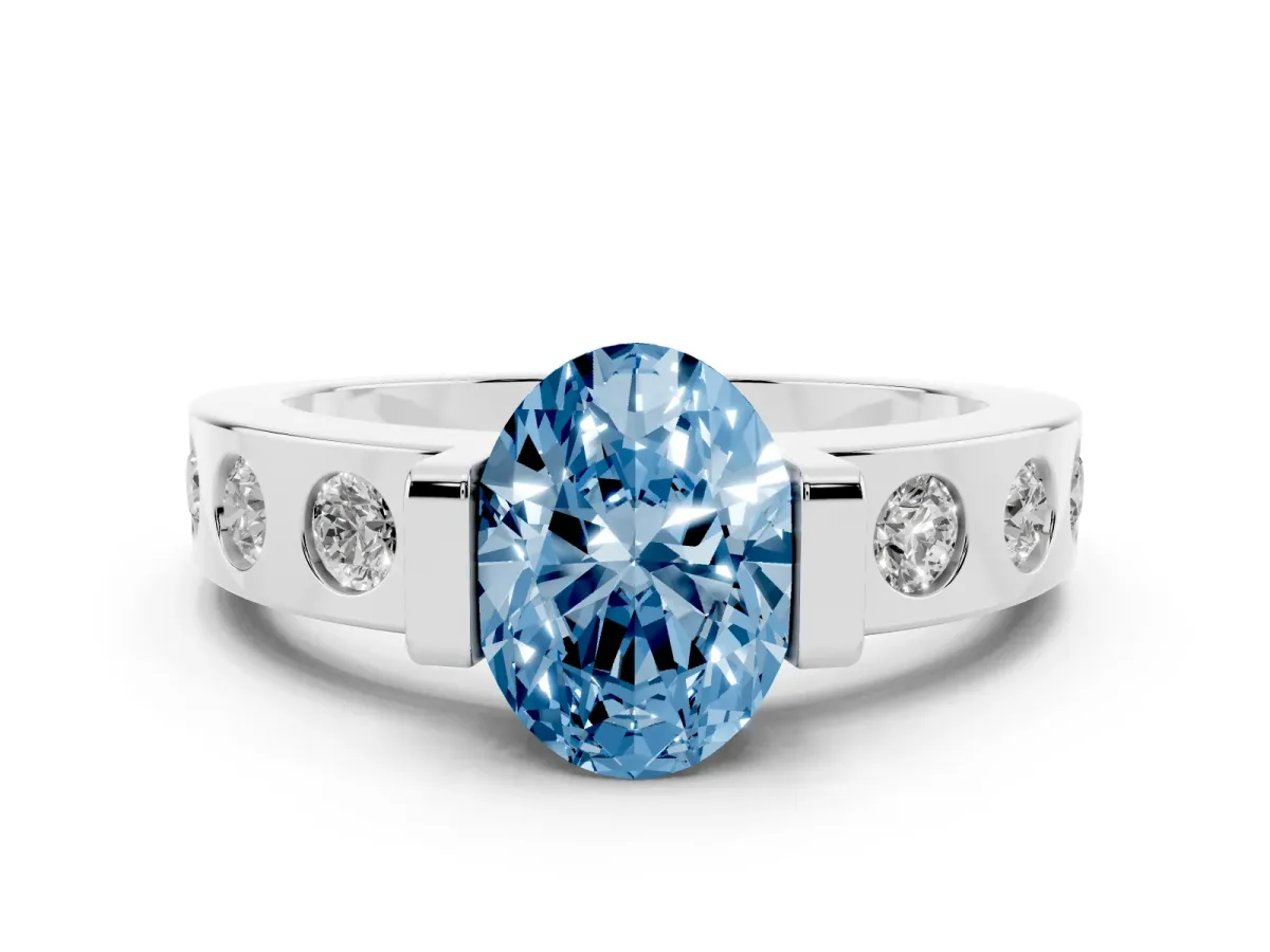 Fancy Blue Oval Cut Brilliant Channel-Set Diamond Ring with Bezel Prong Setting Silver
