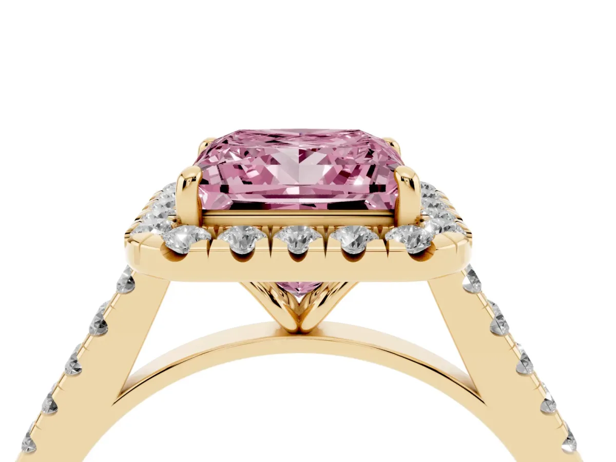 Fancy Pink Princess Cut Halo Pave Diamond Engagement Ring with Four-Prong Setting Yellow gold