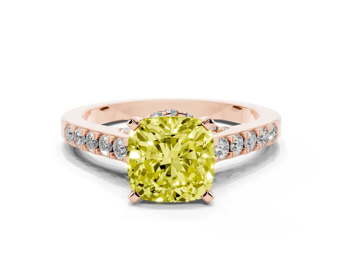 Fancy Yellow Cushion Cut Diamond Solitaire Ring with Crossover Gallery and Round Pavé Band Rose gold
