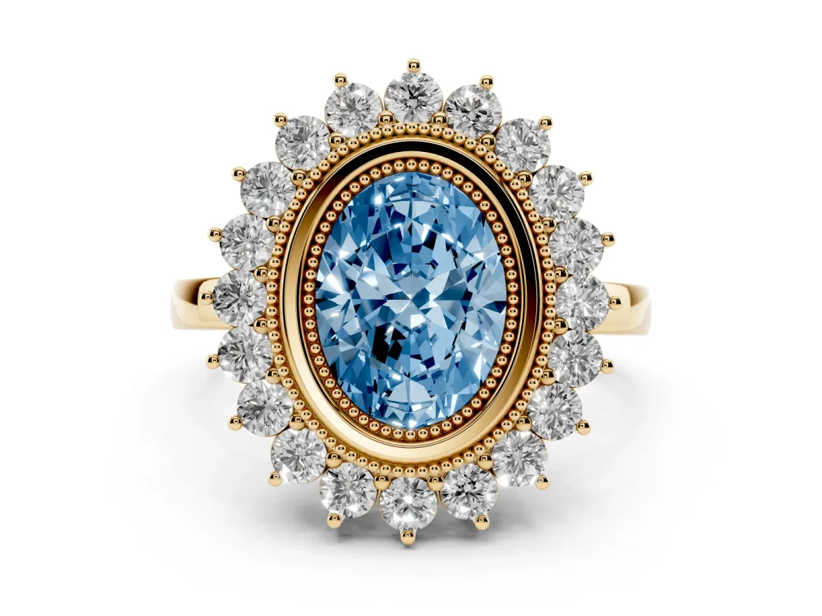 Fancy Blue Oval Cut Halo Diamond Ring with Milgrain Edge and Round Prong Setting Yellow gold