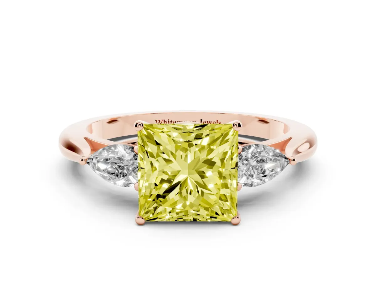 Fancy Yellow Princess Cut Diamond Three-Stone Ring with Pear Side Stones and Prong Setting Rose gold