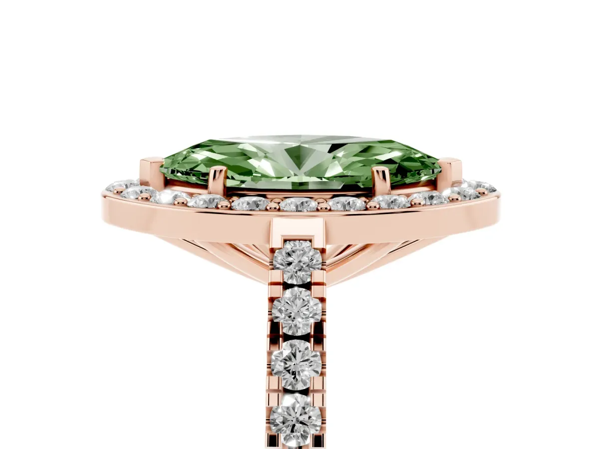Fancy Green Marquise Cut Diamond Halo Ring with Round Pavé Split Shank and Prong Setting Rose gold