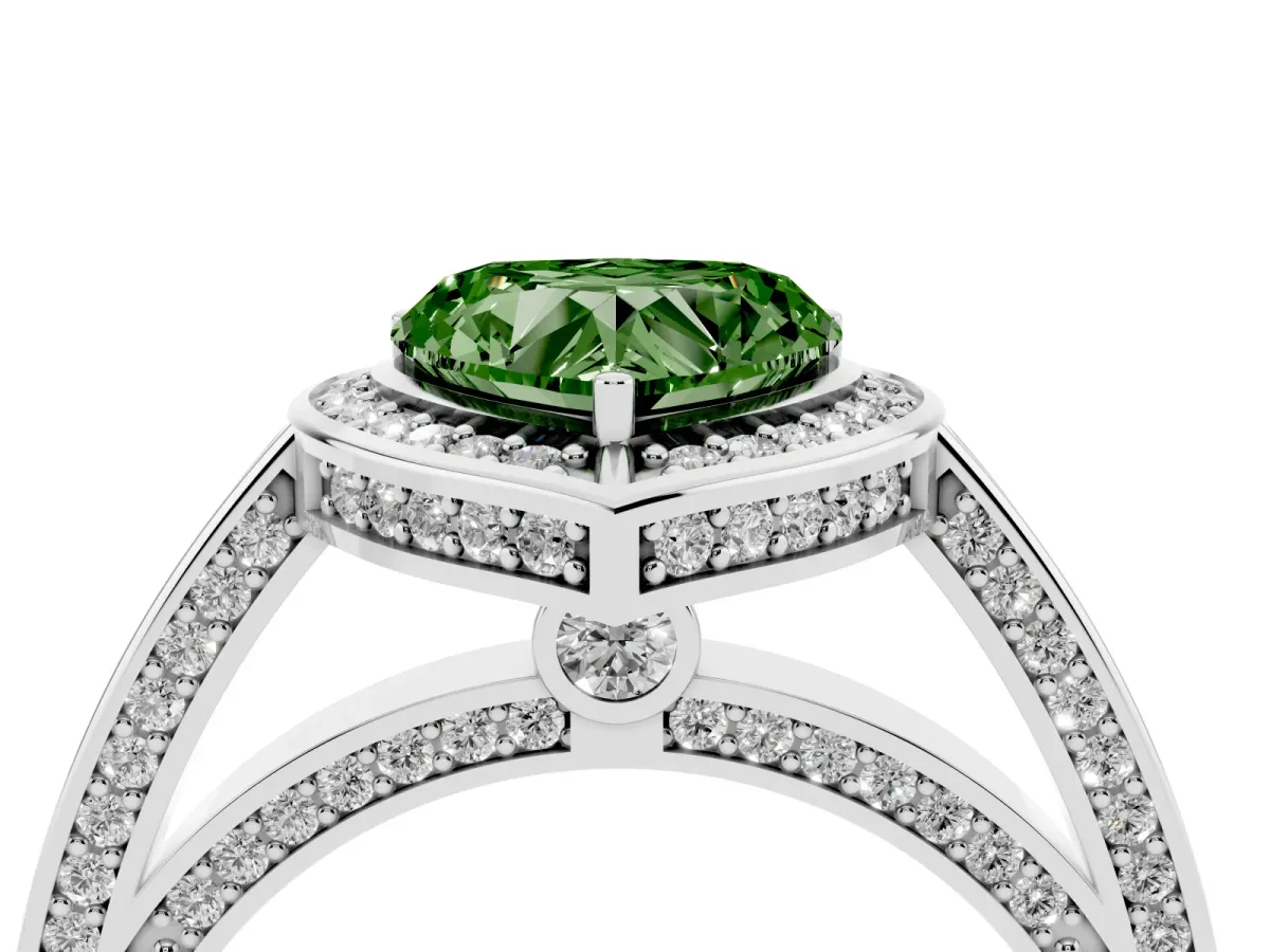 Fancy Green Heart Cut Cut Halo Pave Split Shank Prong Setting Ring Platinum