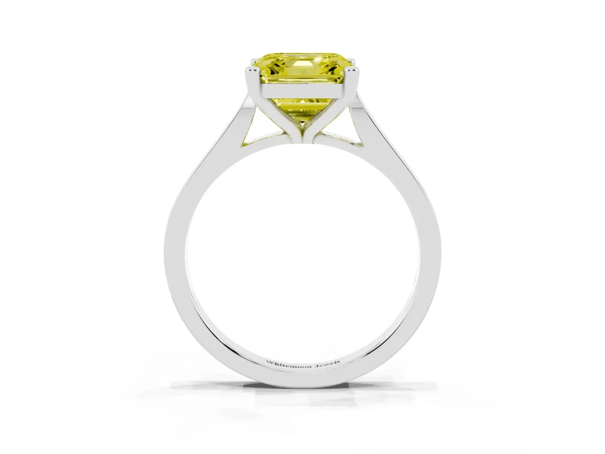 Fancy Yellow Asscher Cut Solitaire Diamond Ring with Four-Prong Setting and Tapered Band Silver