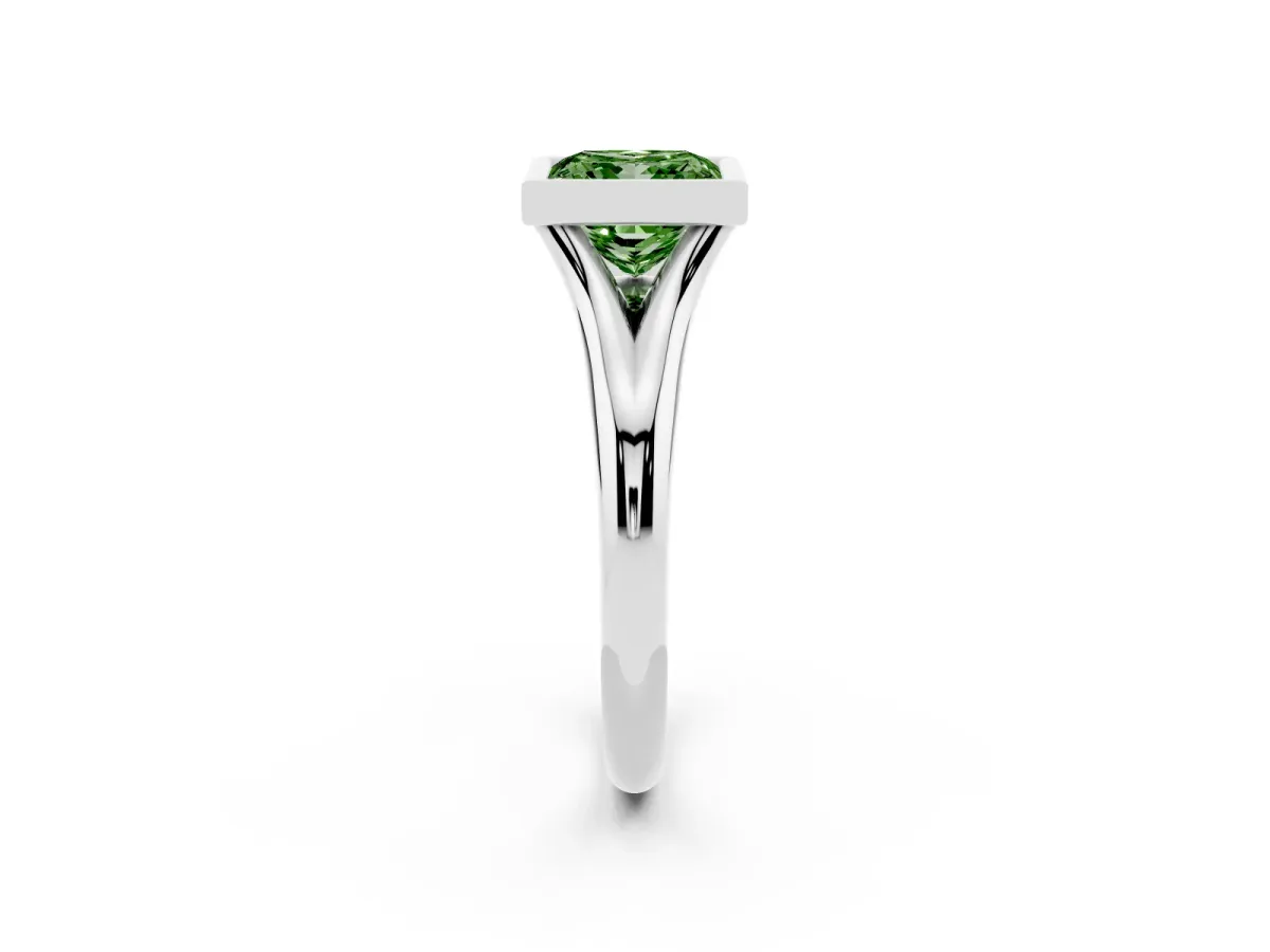 Fancy Green Bezel Set Princess Cut Solitaire Diamond Ring with Smooth Band Platinum