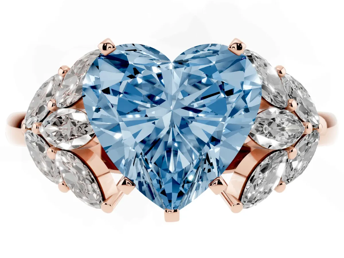 Fancy Blue Heart Cut Diamond Cluster Leaf Design Ring with Prong Setting Rose gold