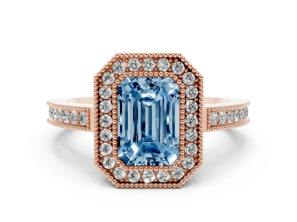 Fancy Blue Emerald Cut Cut Halo Diamond Ring with Pavé Band and Milgrain Prong Setting Rose gold