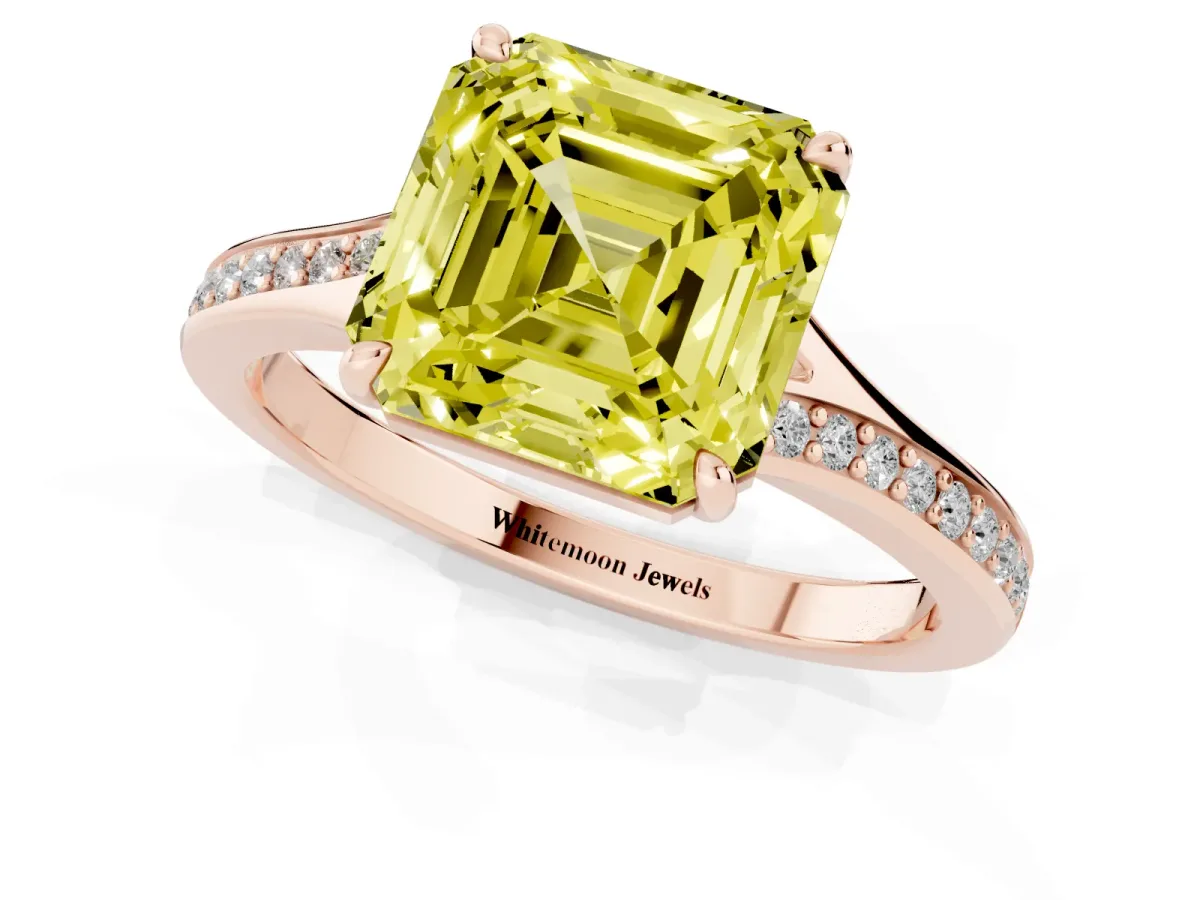 Fancy Yellow Asscher Cut Diamond Solitaire Ring with Pavé Band and Prong Setting Rose gold