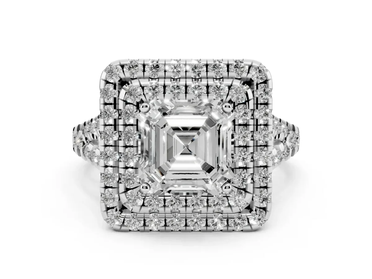 Double Halo Asscher Cut Diamond Pavé Split Shank Ring with Prong Setting Silver