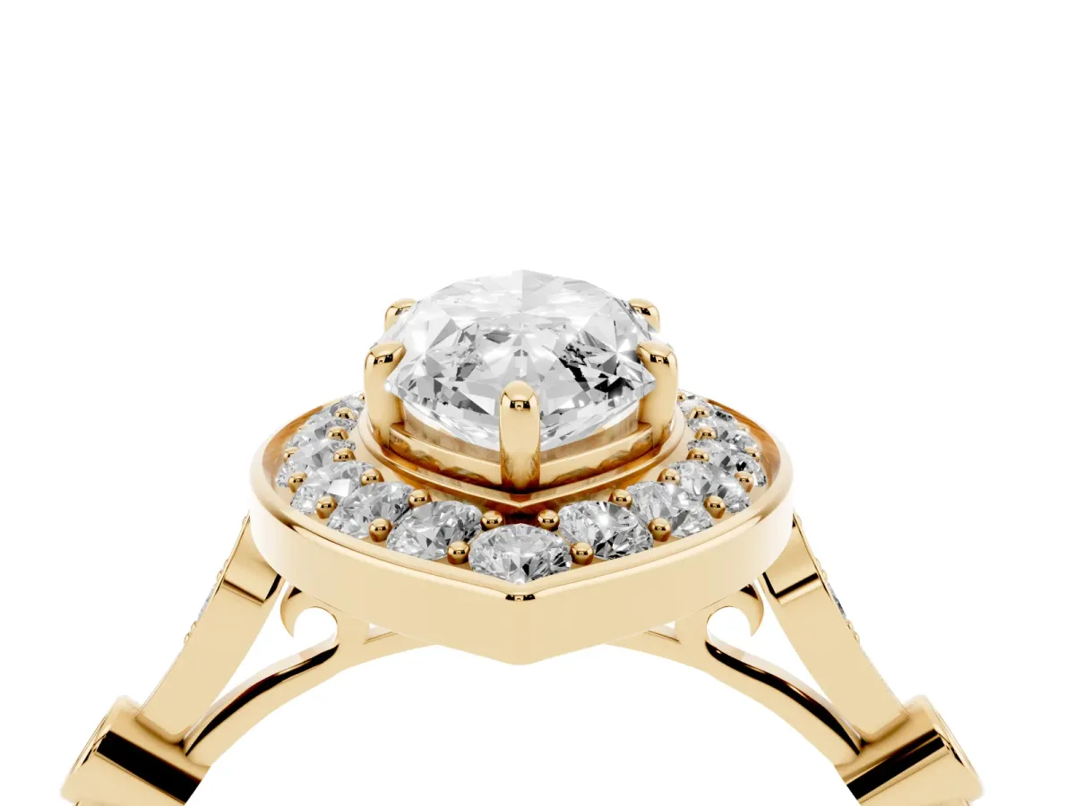 Marquise Cut Halo Diamond Engagement Ring with Twisted Band and Four-Prong Setting Yellow gold