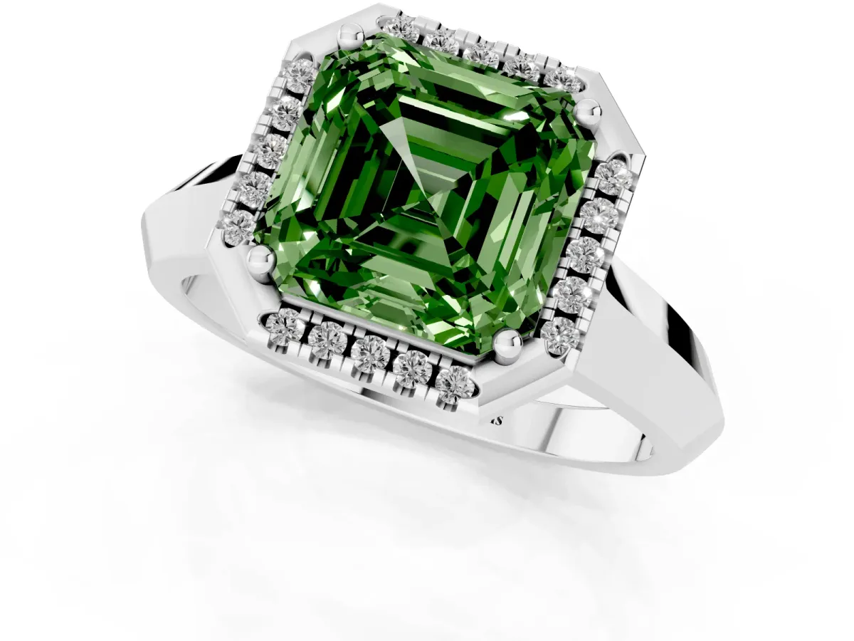 Fancy Green Asscher Cut Halo Diamond Ring with Cathedral Band and Four-Prong Setting White gold