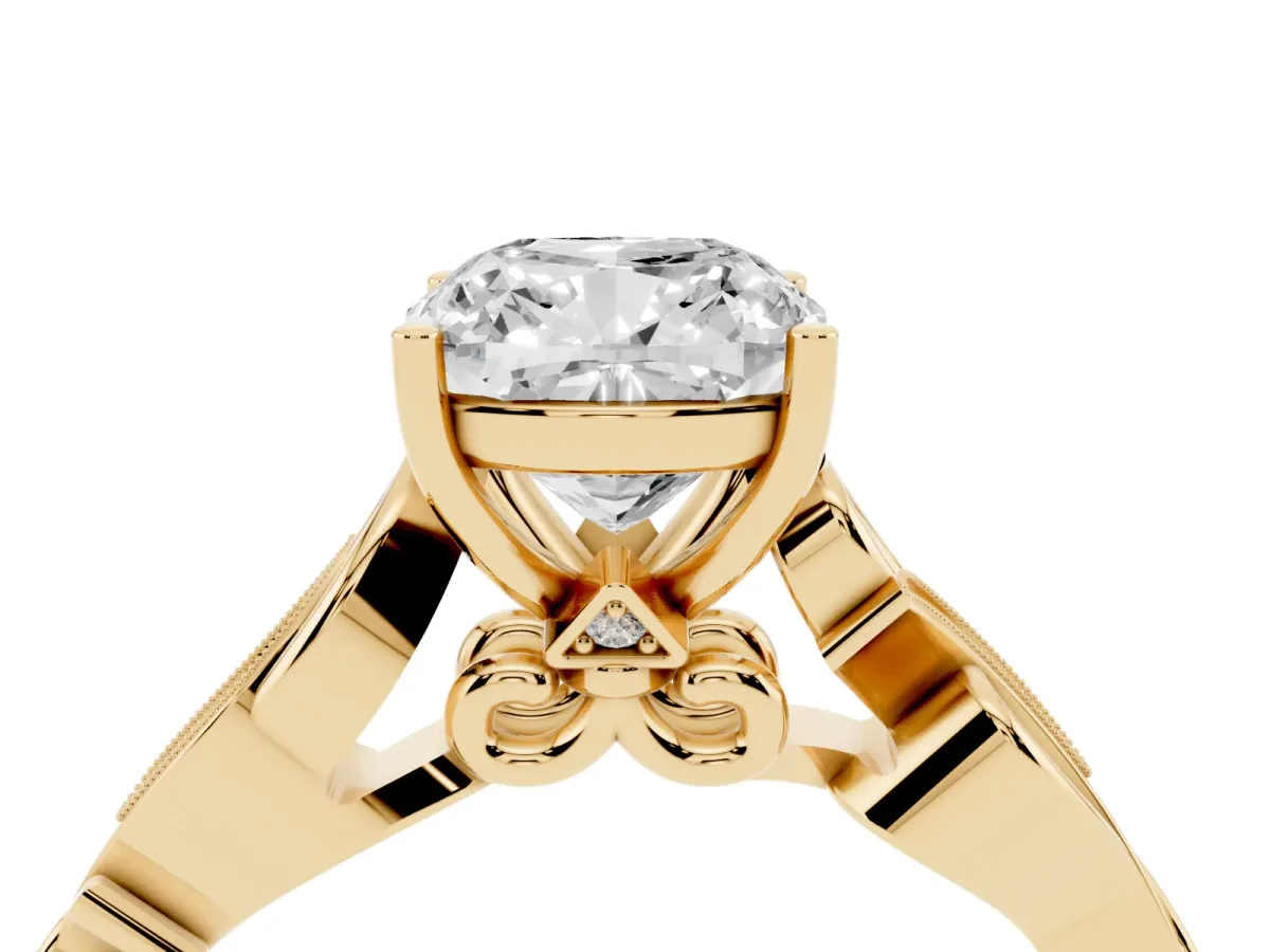 Cushion Cut Solitaire Vine Band with Milgrain Prong Setting Yellow gold