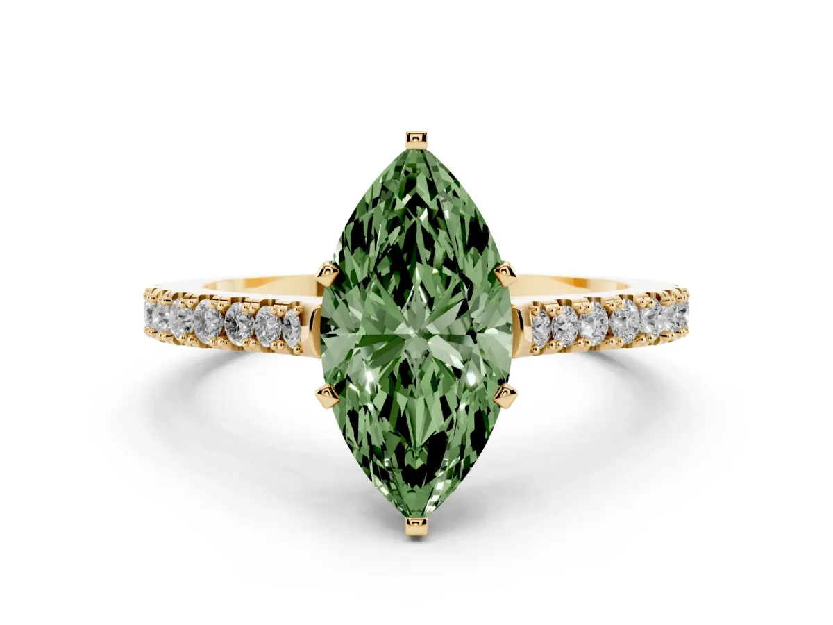 Fancy Green Marquise Cut Cut Solitaire Diamond Engagement Ring with Pave Band and Four-Prong Setting Yellow gold