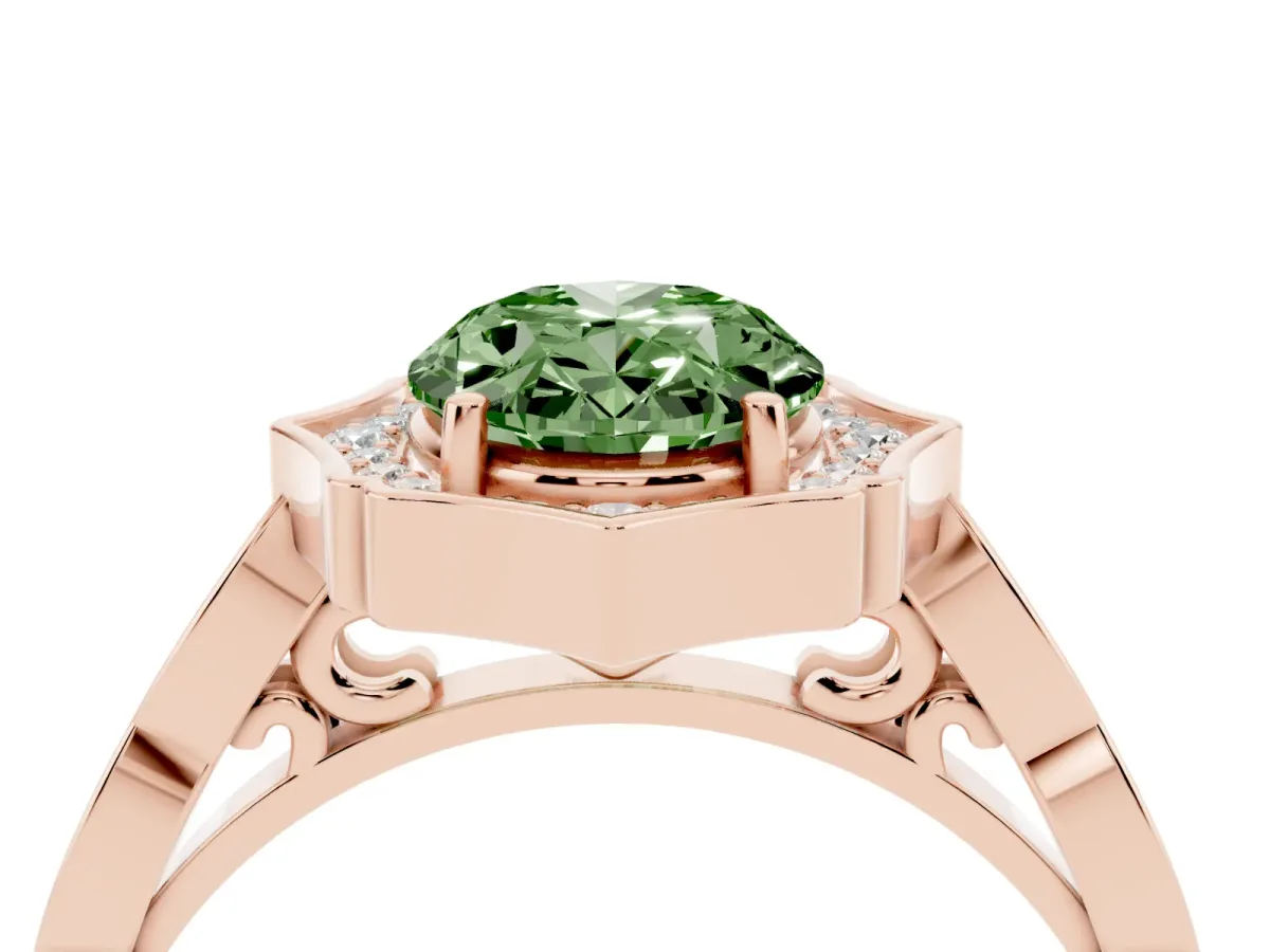 Fancy Green Oval Cut Halo Diamond Engagement Ring with Milgrain Band and Four-Prong Setting Rose gold