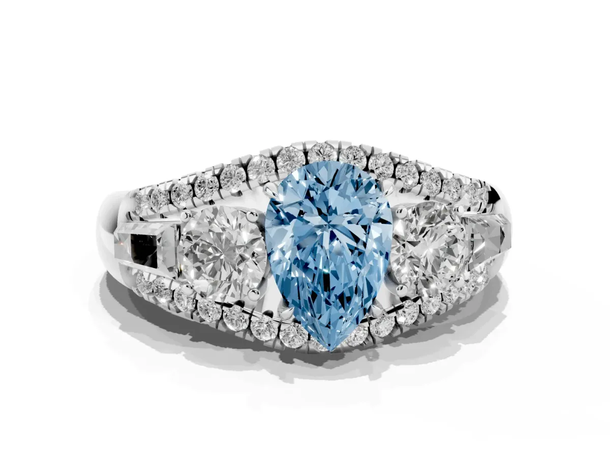 Fancy Blue Three-Stone Pear Cut Diamond Engagement Ring with Pave Band and Prong Setting Silver