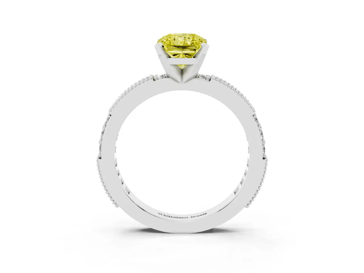 Fancy Yellow Radiant Cut Solitaire with Pavé Band and Four-Prong Setting Silver