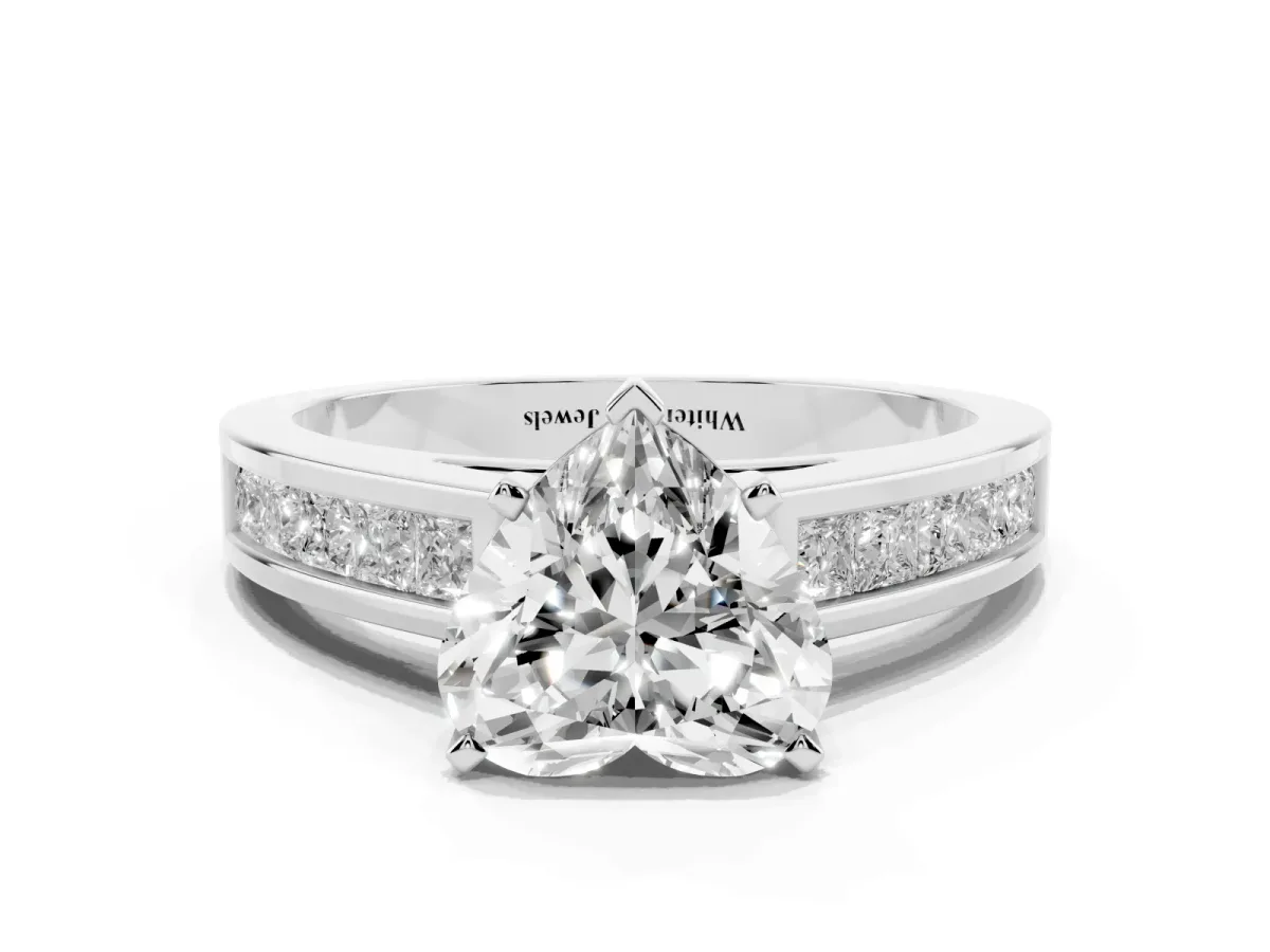 Heart Cut Solitaire Diamond Ring with Channel-Set Band and Four-Prong Setting Silver