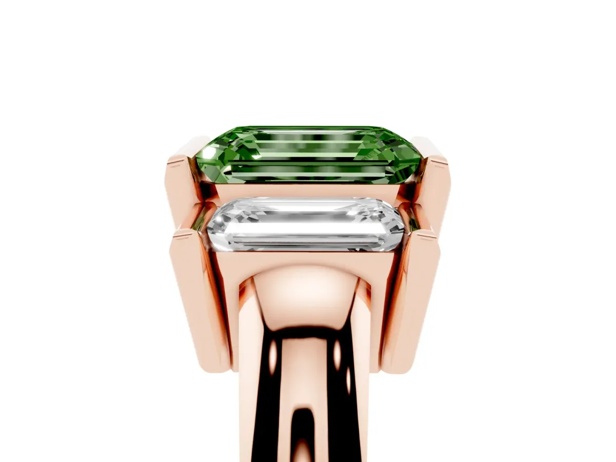Fancy Green Three Stone Emerald Cut Cut Channel Set Diamond Ring Rose gold